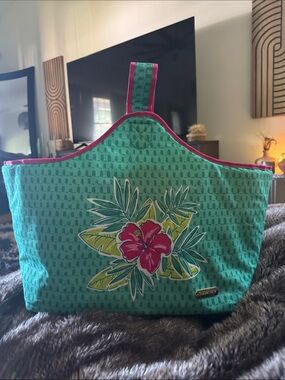 Tupperware Teal Cosmetic Tote with Pink Trim and Tropical Floral Print